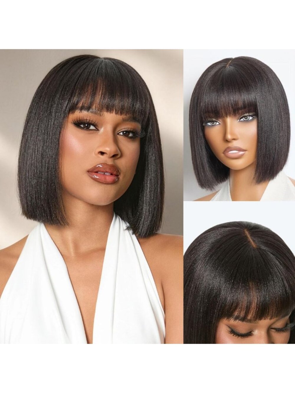 Glueless 10-Inch Yaki Straight Bob Wig with Bangs | Human Hair, Natural Look